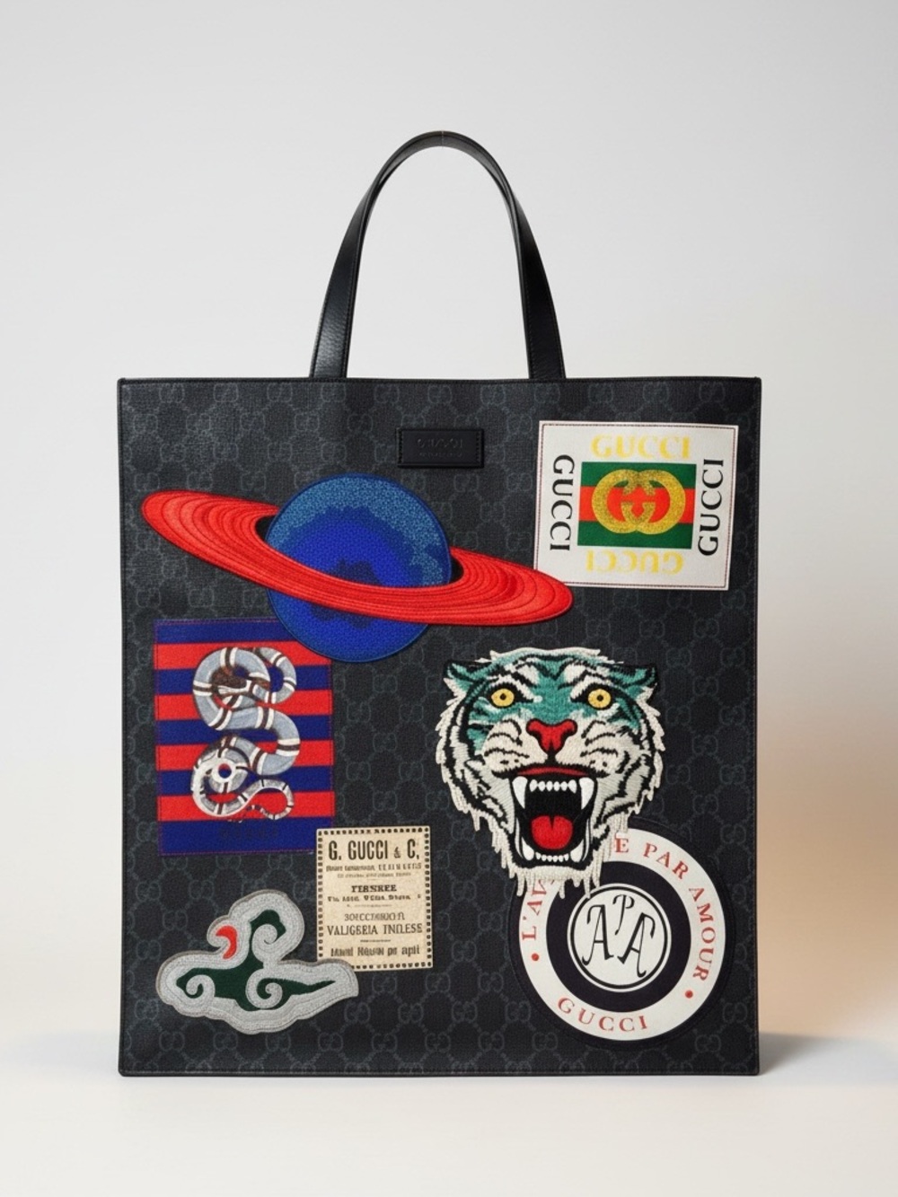 Gucci x Supreme Black Canvas Patch Tote with Multicolor Embroidered Patches